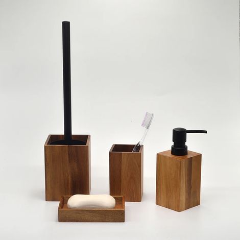 Ensemble de 4 accessoires de salle de bain en bois d'acacia (3 ou 4 pièces) : distributeur de savon, porte-savon, porte-brosse à dents et porte-brosse WC, style nordique. (1/5)