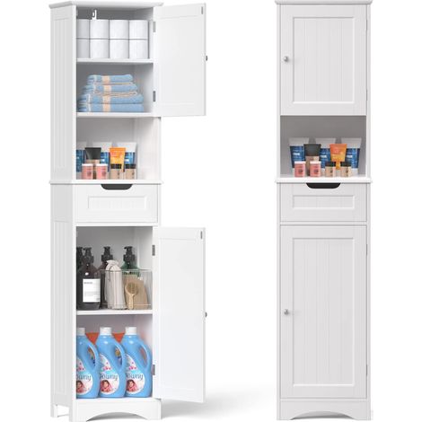 Bealife – Colonne de salle de bain sur pied 170 cm – 2 portes, 1 tiroir, 1 étagère ouverte – Panneau MDF blanc – Compartiments réglables