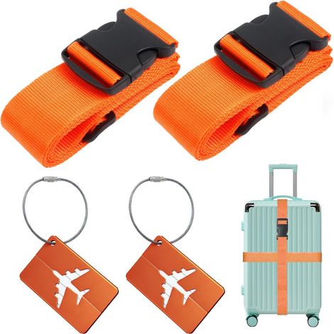 Sangles de Bagage Réglables avec Boucle (2 pièces), avec 2 étiquettes à Bagage, pour Voyager en Toute sécurité en Avion Bagages Fixes Les Sports, 5 x 200cm, Couleur Orange
