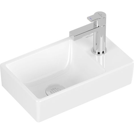 Villeroy & Boch – Pack lave-mains céramique 36 cm – Robinet eau froide – Bonde clic-clac chromée – Siphon design – Kit de fixation inclus