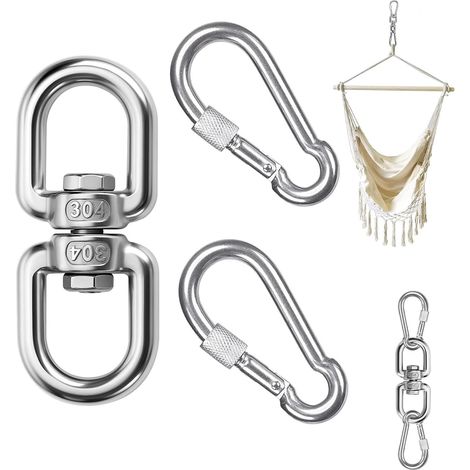 Émerillon Rotatif M8 En Acier Inox 304 Avec 2 Grands Mousquetons Verrouillables - Pour Fauteuil Suspendu, Balançoire, Sac De Frappe - Fixation Stable Avec Rotation (1/5)