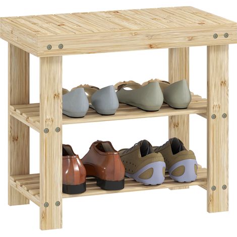 Schuhbank aus Bambus, Schuhregal mit 2 Ablagen, Sitzfläche, für Flur, Eingangsbereich, 50x28x45cm, Natur
