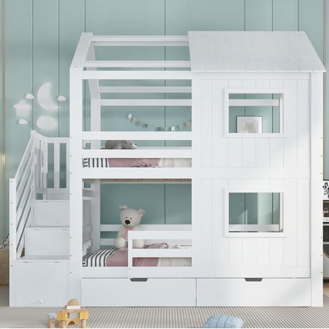 Lit superposé enfant avec escalier de rangement et tiroir, toit et fenêtres, bois massif+MDF blanc 90x200 cm (1/5)