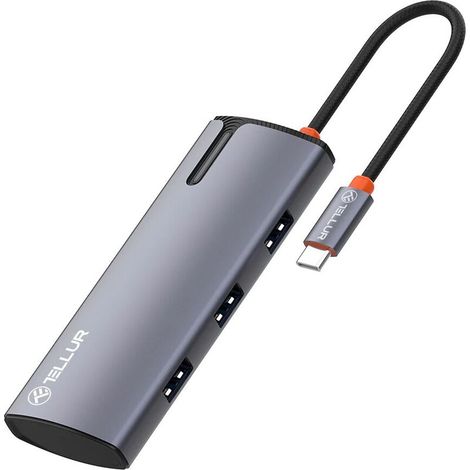 Hub USB-C Tellur, PD 3.0 100W, HDMI, 3xUSB 3.0 gris (1/3)