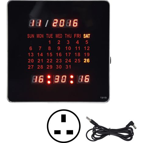 Horloge Murale Numérique LED Aluminium Noir 20x20cm Affichage Heure Date Température Mémoire Panne Courant Design Double Suspension (1/5)