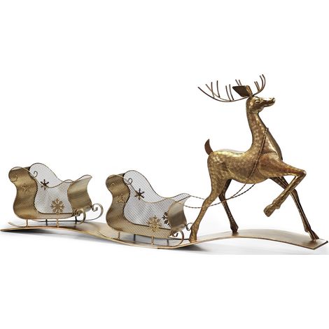 Renna con 2 Slitte Natalizie in Metallo Martellato Oro Decorazione Natalizia Grande 95 cm – Complemento d’Arredo di natale Elegante da Interno – Idea Regalo