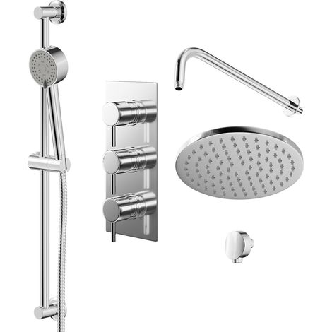 Circo Polished Chrome Triple Thermostatic Valve Mixer Shower with Round Fixed Head and Tyne Shower Slide Rail Kit - 2 Outlet (1/5)