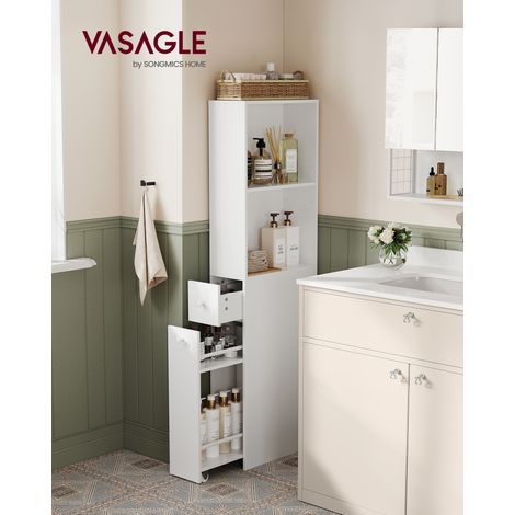 Vasagle – Colonne de salle de bain haut avec 2 tiroirs – Étagère réglable – Dimensions 40 x 18 x 134,4 cm – Panneau MDF blanc classique