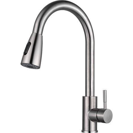 Robinet de Cuisine, Robinet d'Évier à Arc Élevé avec Douchette Extensible, Mitigeur Rotatif à 360° en Acier Inoxydable avec 3 Modes de Pulvérisation (1/5)