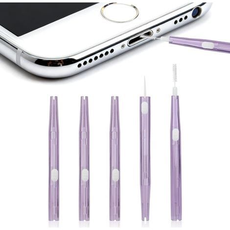 cepillos de limpieza para puerto de carga, de plástico con cerdas de nailon y gancho para teléfono y auriculares (morado) (1/5)