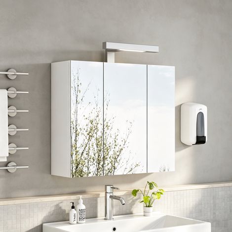 Armadietto specchio bagno 60x16x70 cm in MDF bianco, 3 ante, LED e presa Schuko - CHICFURN (1/5)