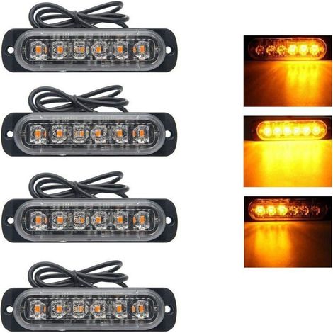 4 pezzi, 6 LED arancioni, luce stroboscopica per freno, barra luminosa a LED 12V 24V, beacon lampeggiante di sicurezza 3000K (1/4)