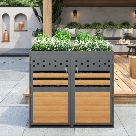 Cubierta para cubos de basura de metal galvanizado gris y acabado madera, para 2 cubos de 120-240 L, con techo jardinera (1/5)
