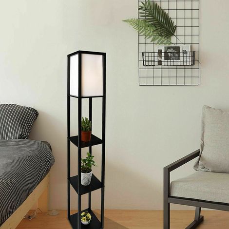 Puluomis – Lampadaire LED en bois noir avec 3 étagères – Hauteur 160cm – Abat-jour en lin – Ampoule E27 60W-Max