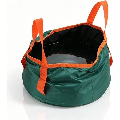 Bol à eau rond pliable en tissu avec sangles de transport et sac de rangement, seau pliable compact vert-orange, léger pour le camping, la randonnée et les activités de plein air (1/5)