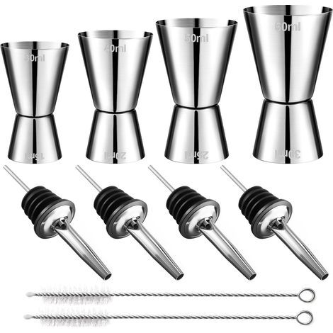 4 PièCes Doseur Cocktail 3cl 4cl 5cl 6cl, Double Doseur à Cocktail en Acier Inoxydable avec 4 Becs Verseurs et 2 Brosses, Pour Bar, FêTe, Vin, Cocktail (1/5)