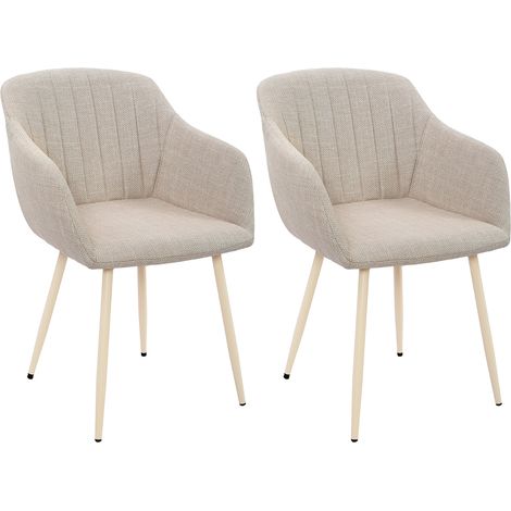 GOEURVANT Lot de 2 Chaises de Salle à Manger Beige - Tissu Texturé, Pieds Blancs Métalliques, Design Ergonomique avec Accoudoirs, Rembourrage Épais, Patins Réglables, 150 kg