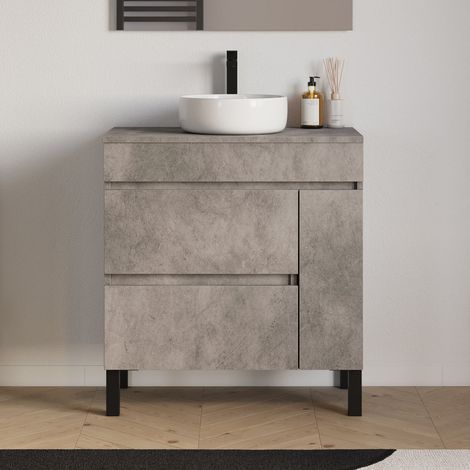 Meuble de salle de bain 80cm avec plateau et vasque à poser ronde - porte et tiroirs - sans miroir - ciment (gris) - LAZARO (1/5)