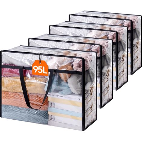 Lot de 4 Sac de Rangement Transparent 90L, Sac Rangement Vetement en PVC, Housse de Couette Pliable avec Poignées, Boite rangement pour Demenagement, Vêtements, Couvertures, Jouets, Livres (1/5)