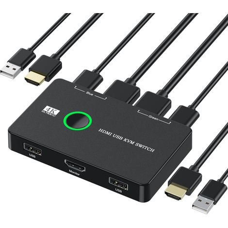 Conmutador HDMI KVM USB, JENUOS®, 2 puertos HDMI2.0 x 1 + 3 puertos, puertos USB KVM, Plug and Play, diseño con luz indicadora, color negro (1/5)