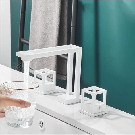 Robinet de salle de bain moderne à 2 poignées, bec pivotant à 360°, en laiton massif, 3 trous, finition blanche (1/5)