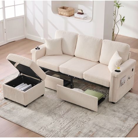 Canapé d'angle 3 places en velours côtelé beige– Canapéen en L avec pouf amovible – 2 tiroirs, LED+port USB-C – porte-gobelet et poches latérales (1/5)