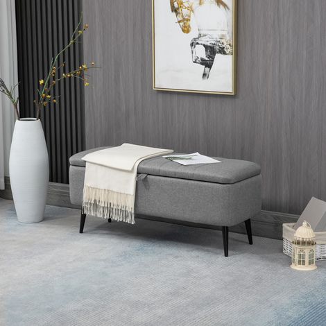 Panca contenitore, panca imbottita effetto lino, cassapanca contenitore con gambe in acciaio, 102 x 40 x 44 cm, grigio