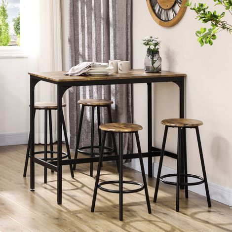 Bartisch-Set aus MDF in Braun mit schwarzem Metallgestell, 5-teilig, 110 x 50 x 89,5 cm, mit 4 Barhockern (1/5)