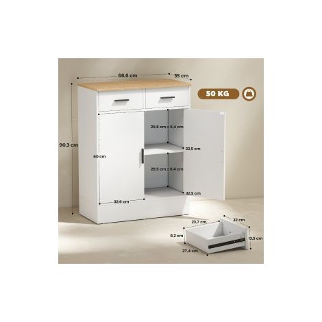 Buffet avec rangement, commode avec 2 tiroirs, étagère réglable, pour cuisine, salon, entrée, bois naturel, blanc (1/5)