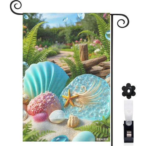 Drapeau de jardin décoratif 30 x 45 cm motif coquillages et étoiles de mer colorées toile double face (1/5)