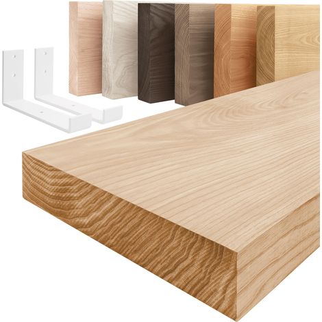 LAMO Manufaktur étagère murale en bois massif, bord régulier, étagère de rangement Industrial, bois naturel / équerre blanche 70cm, LWG-01-A-002-70JW
