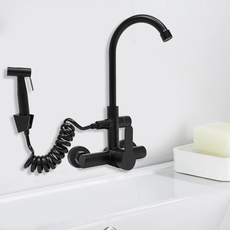 Rubinetto cucina da parete nero con pistola spruzzo, rubinetto cucina montaggio parete (1/5)