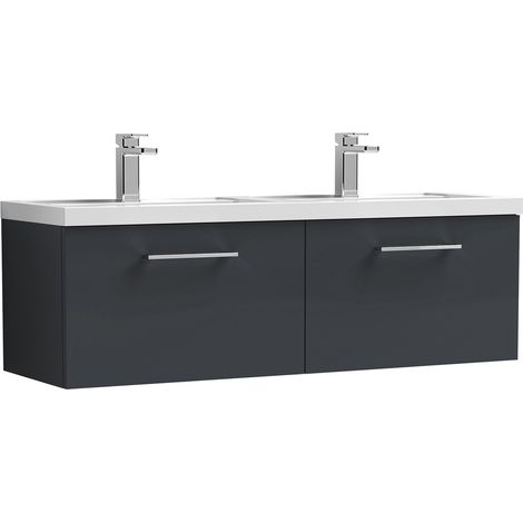 Nuie Arno Satin Soft Black 1200mm Wall Hung 2 Drawer Vanity Unit and Double Polymarble Basins - ARN1422C (1/2)