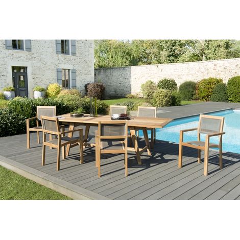 HARRIS - SALON DE JARDIN EN BOIS TECK 8/10 pers. 1 Table rect. extensible 180/240100 cm 6 fauteuils empilables textilène taupe (1/5)