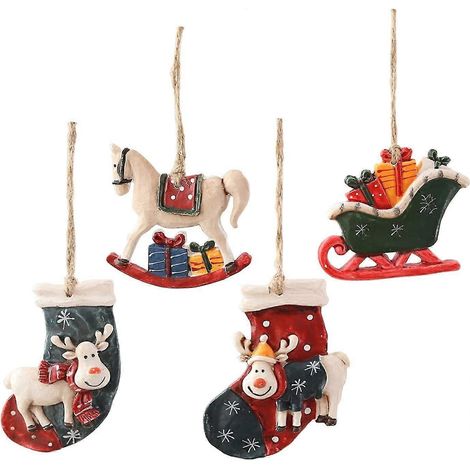 Kit de décoration de sapin de Noël à suspendre : bonhomme de neige, traîneau, cheval à bascule, renne, élan, chaussette, décoration intérieure avec corde de chanvre (lot de 4) (1/5)