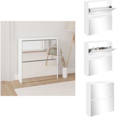 Schuhschrank mit Spiegel 2 Fächer Hochglanz-Weiß 63x17x67 cm - Schuhschrank - Schuhregal - Garderobe - Einbauschrank - Aufbewahrung (1/5)