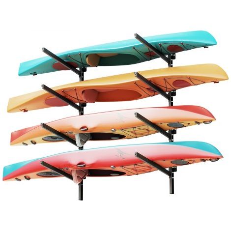 Support Mural pour 4 Kayaks,Porte Kayak de Rangement Réglable sur Montants,Stockage pour Canoë,Bateau,SUP,Planche de Surf,Utilisation en Garage Quai Intérieur et Extérieur,Capacité 136 kg (1/3)