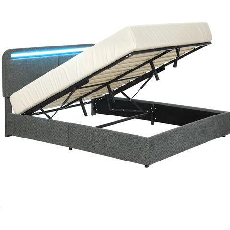Cama con almacenamiento de 140 x 190 cm con iluminación LED, cabecero ajustable, estructura de cama doble, base de láminas de madera, color gris. (1/5)