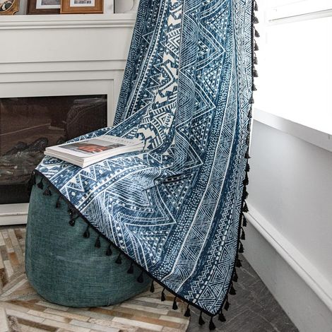 Tende semi-oscuranti geometriche a 2 pannelli, tende oscuranti tribali in cotone e lino con bordo nero e asta con nappe, per soggiorno/camera da letto (1/5)
