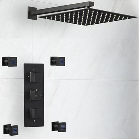 Milano Preto 2 Outlet Triple Thermostatic Mixer Shower Valve with 300mm Wall Mounted Square Rainfall Shower Head and Four Body Jets (1/3)