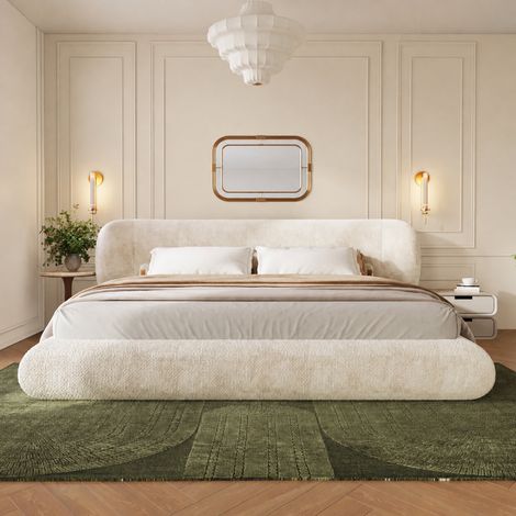 Lit Double 140x190 cm, Lit Rembourré En Chenille Avec Tête De Lit, Sommier À Lattes, Coins Arrondis, Structure Bois - Beige (1/5)