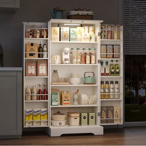 Armario de cocina (60x35x128 cm), con luz LED sensor, estantes ajustables, PB y MDF blanco (1/5)