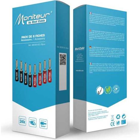Set di 8 connettori a banana REAL CABLE B6020-2C neri e rossi a vite, contatti dorati, cavo fino a 6 mm²