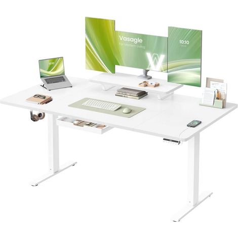 Bureau électrique réglable en hauteur 160 x 80 cm avec tiroir ergonomique pour télétravail ambiance moderne en panneau aggloméré blanc (1/2)