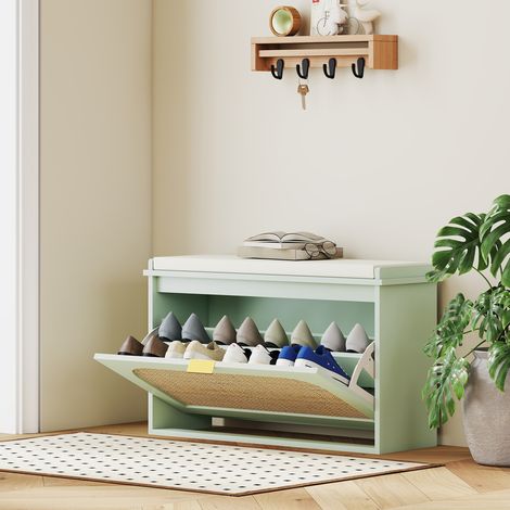 Banc chaussures assise Vert rembourrée tiroir rabattable porte rotin . 80x26x47,5 cm