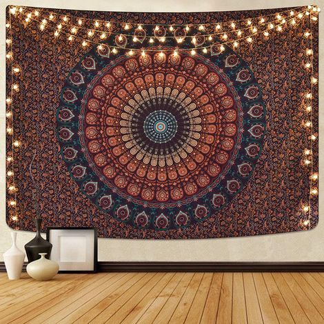 Tapisserie de literie murale indienne hippie bohème psychédélique paon mandala (150x200cm)pas de lumières