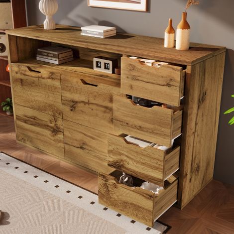Commode avec niche ouverte, 2 portes et 4 tiroirs, chêne, 150x40x90 cm (1/5)