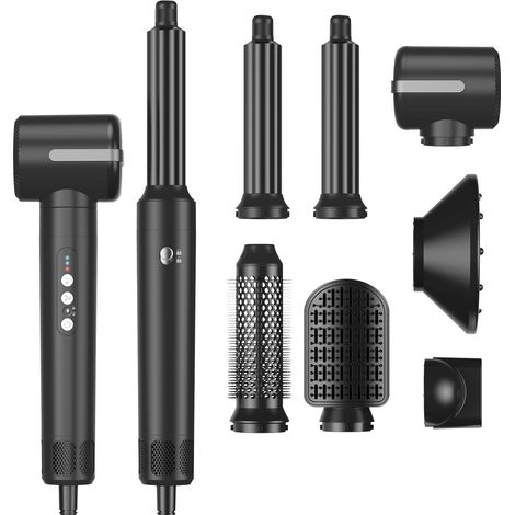 Föhnbürste mit 7 Aufsätzen, 7-in-1 Airstyler, Haartrockner, zum Trocknen, beheizte Stylingbürste, zum Glätten, Locken, Black Edition