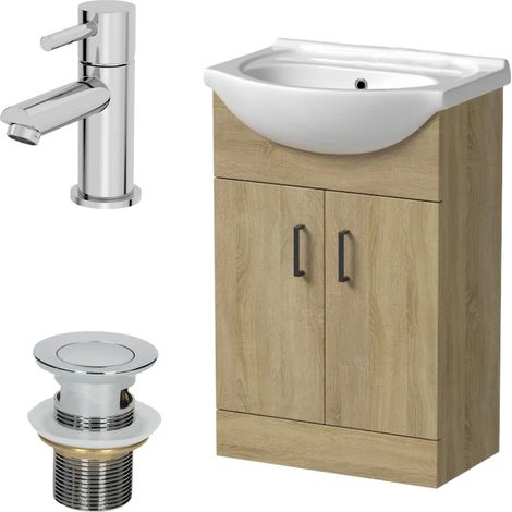 560mm Oak Bathroom Vanity Unit Basin Freestanding Chrome Malmo Tap & Waste Set (1/5)