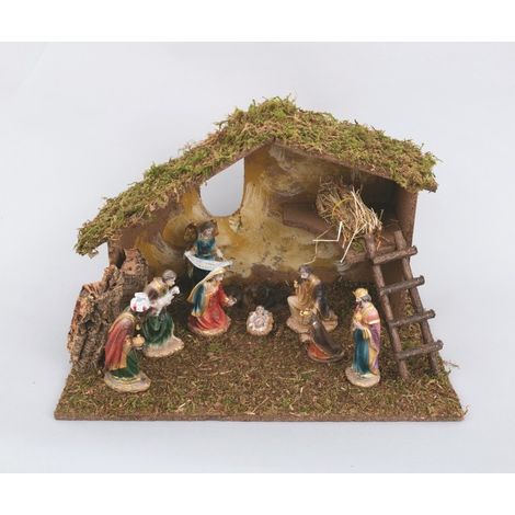 Capanna de la Natividad de madera 55 x 35 x 36 cm con 10 figuras de resina